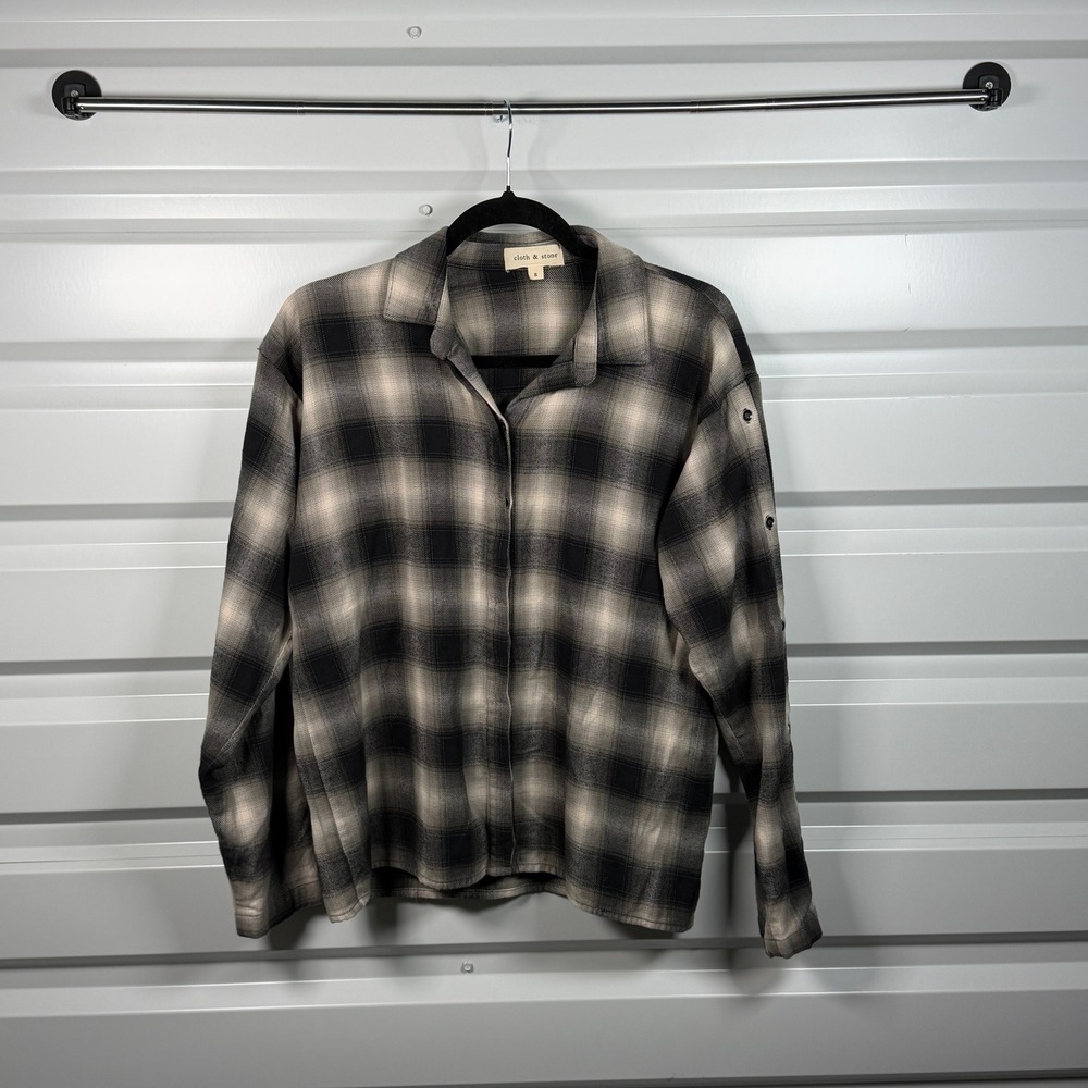 Cloth & Stone Womens Grey Black Plaid Cotton Flannel Button Down Shirt Small